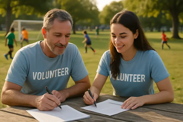 Club volunteers review schedules and field access notes at a table