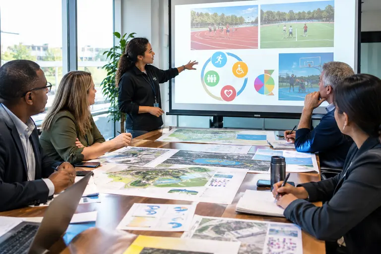 Community sports planners reviewing facility maps and event notes