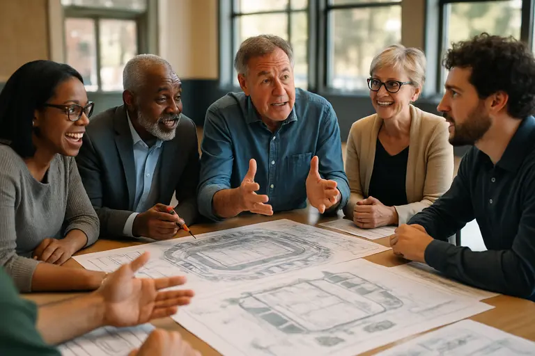 Community sports planners reviewing venue access notes around a table