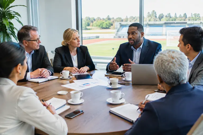 Conference administrators comparing calendars, travel plans, and basketball schedules