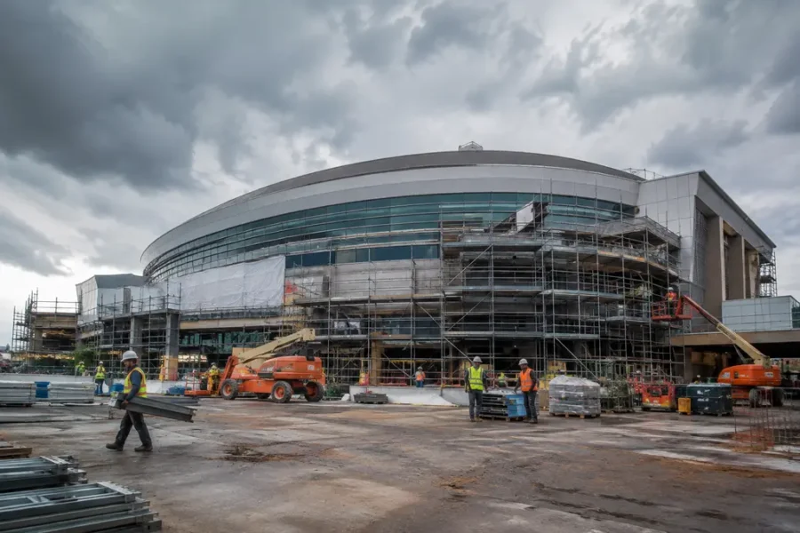 Gas South Arena renovations with fans entering a modern venue plaza
