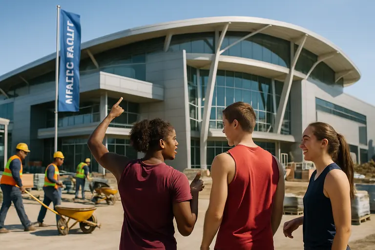 Indoor athletics facility with a polished court and bright arena lighting