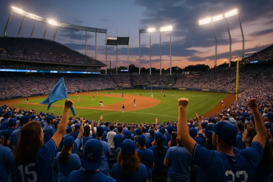 Kansas City Ballpark district concept with fans walking near downtown storefronts