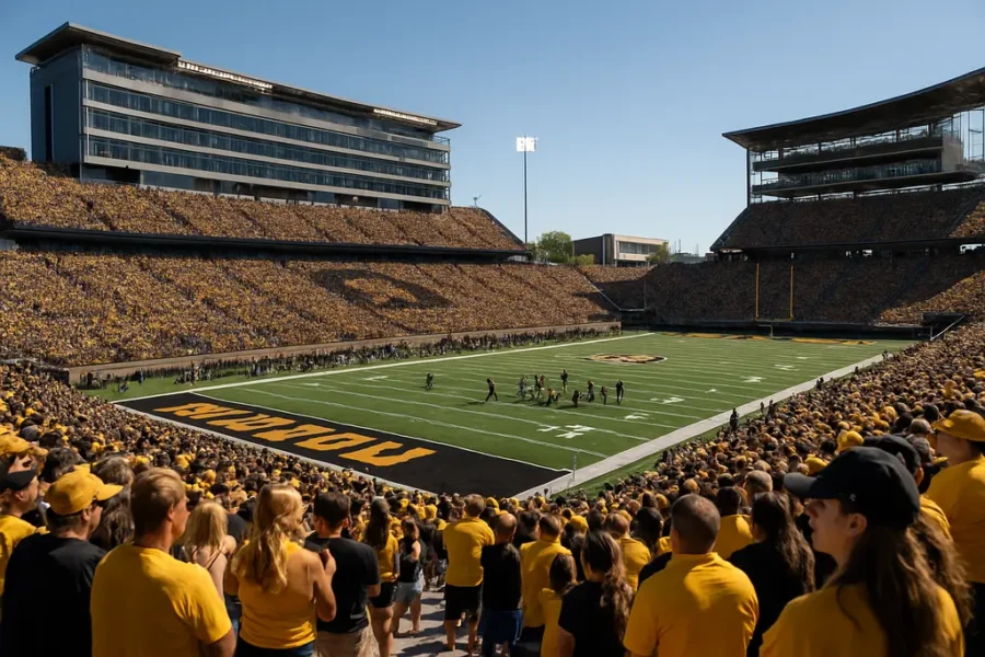 Memorial Stadium renovation view with construction crews near a college football concourse