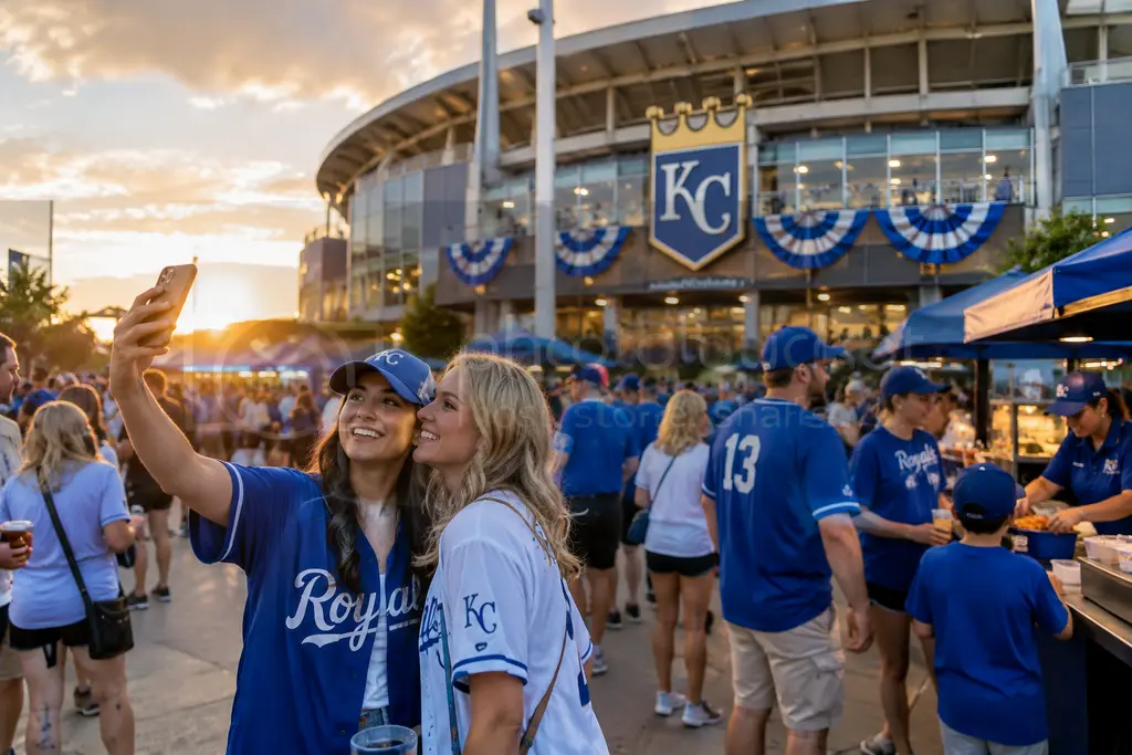 Royals Ballpark Impact view of fans walking near a downtown stadium district