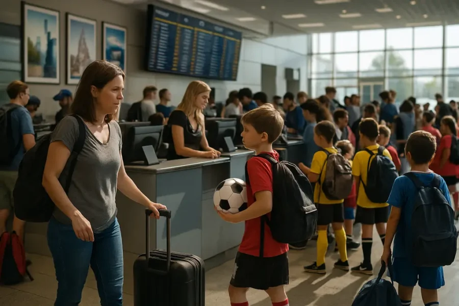 Soccer Travel Logistics planning board with stadium routes and team travel notes