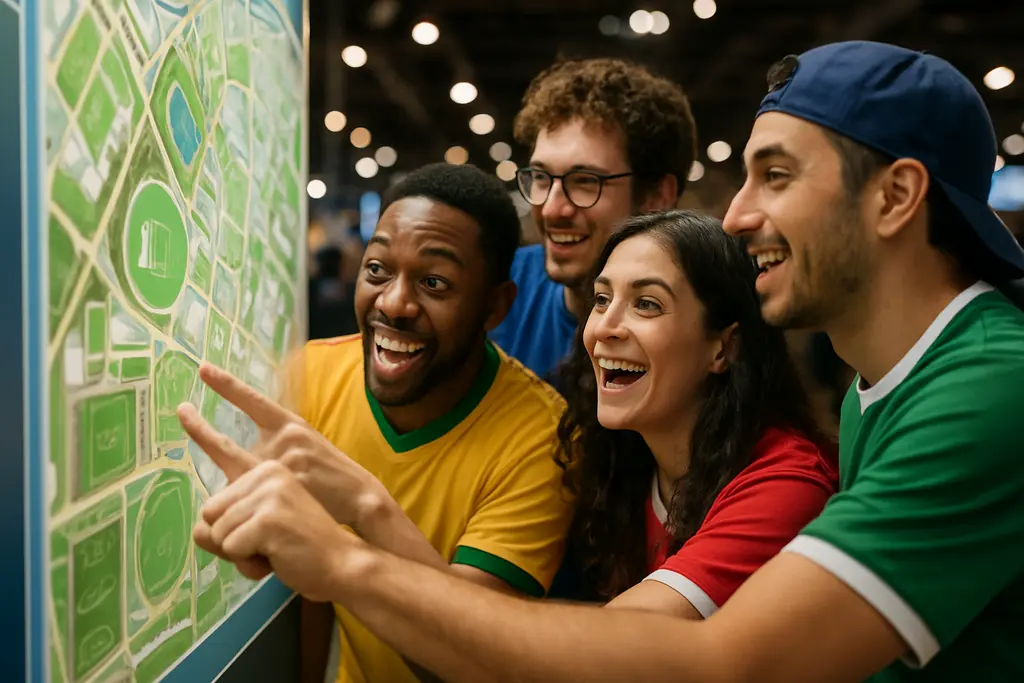 Sports Tourism Trends shown through travelers near a stadium transit hub after a major match