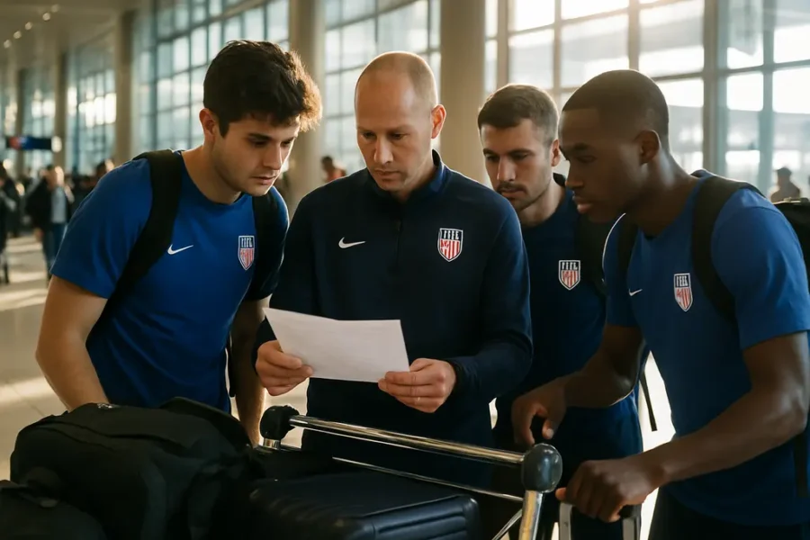 Fans reviewing USMNT travel logistics outside a stadium before a fall match