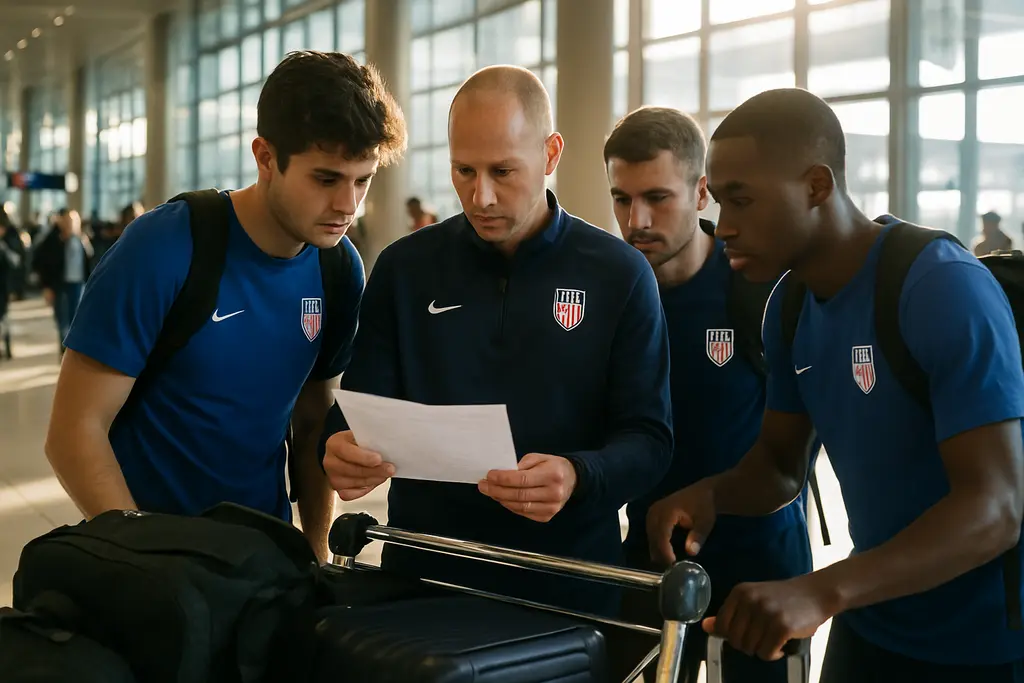 Fans reviewing USMNT travel logistics outside a stadium before a fall match