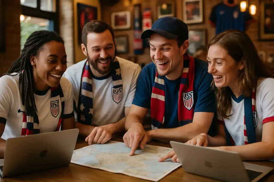 USMNT Travel Planning scene with fans walking near a stadium before an evening match