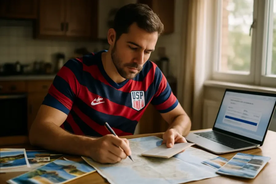 USMNT travel planning materials on a table with tickets, transit cards, and a stadium map