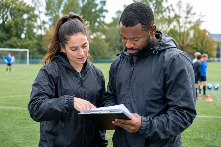 Volunteer coaches reviewing player notes beside a community soccer field