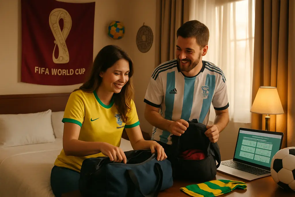 World Cup Hotels near a stadium with fans carrying bags at dusk