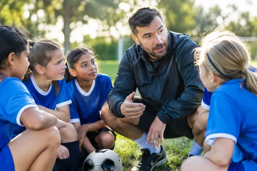 Youth soccer coaching session with teenage players listening to a coach on a training field